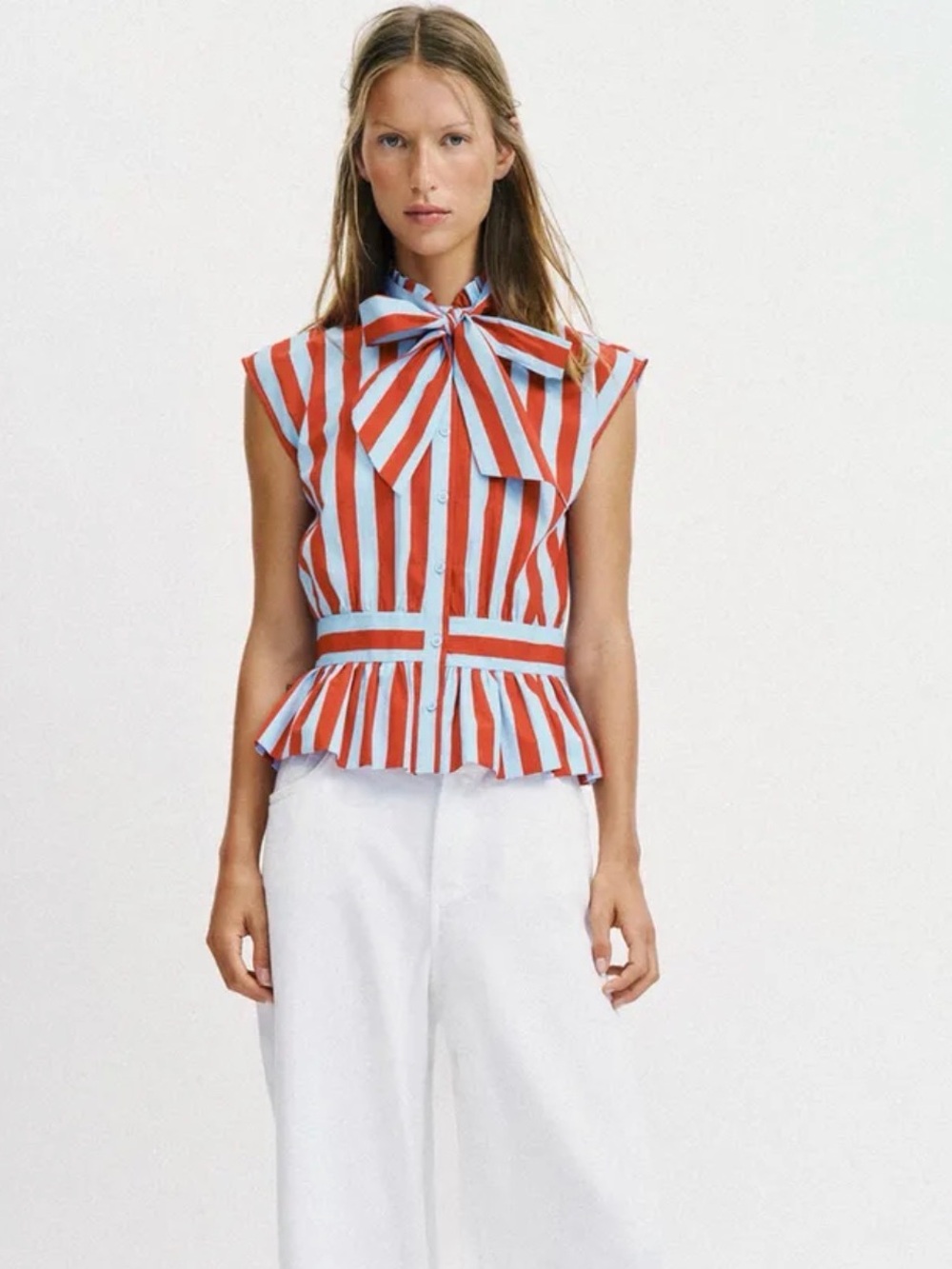 Zara Red and Light Blue Striped Bow-Peplum Sleeveless Top